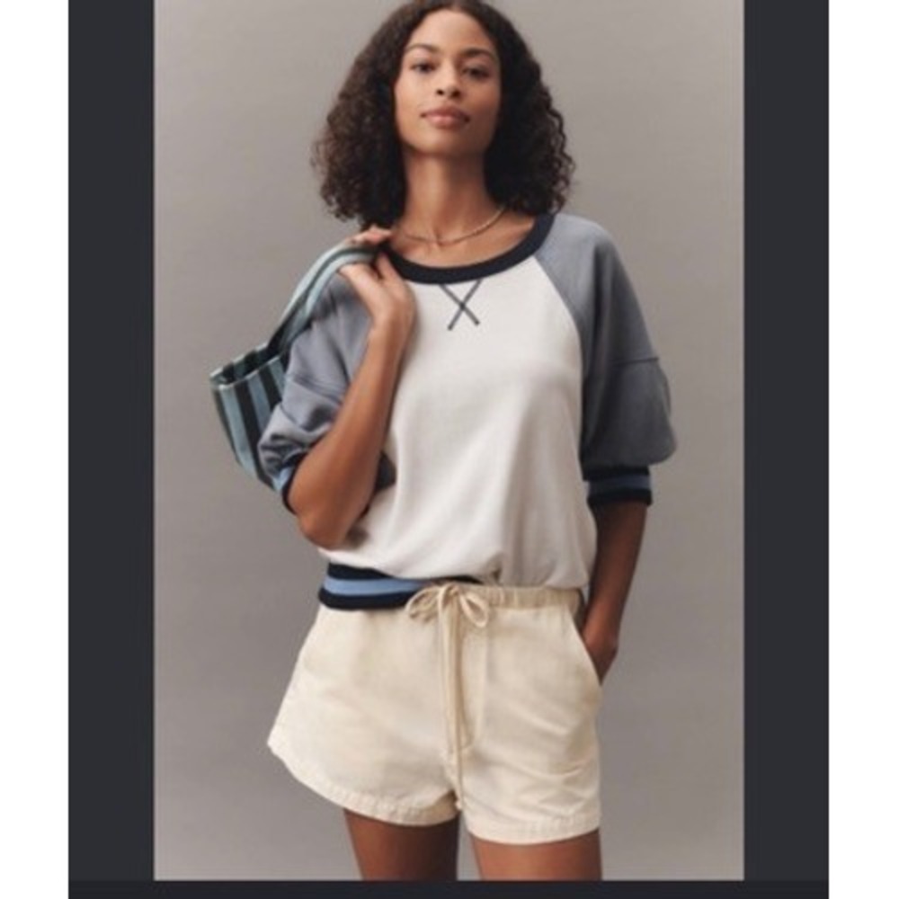 Pilcro and the Letterpress Raglan Puff Sleeve Sweatshirt White Grey Blue Small